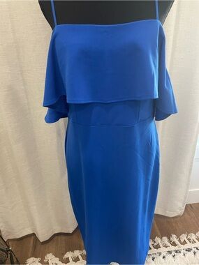 Blue Spaghetti Strap Off the Shoulder. Ruffle Midi Dress